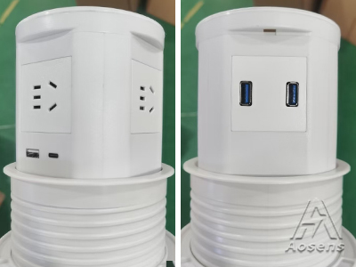 奧盛氣動升降白色帶充電桌插——客定展示